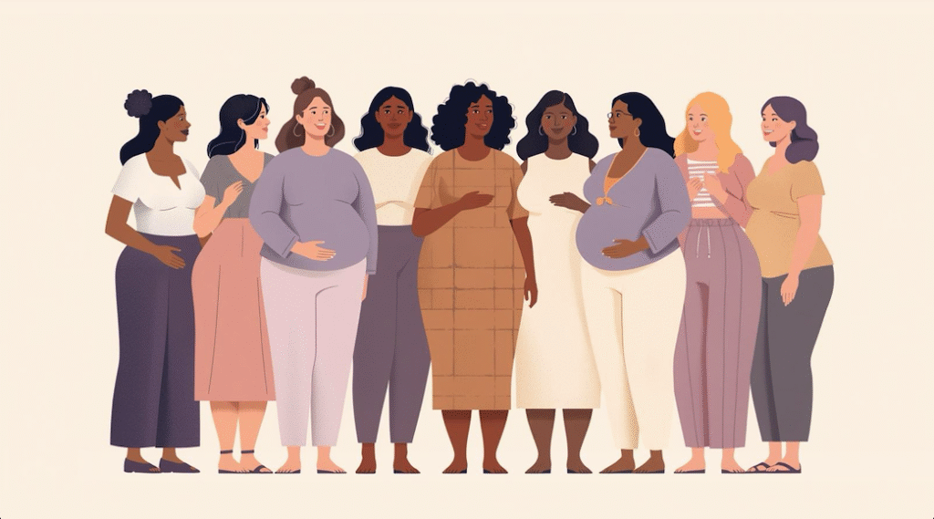 Minimalistic line-art illustration of a plus-size female silhouette surrounded by gentle circular shapes symbolizing hormones, fertility, cycles. Clean Scandinavian design, lavender and warm neutral tones. No weight-loss or body-shaming imagery