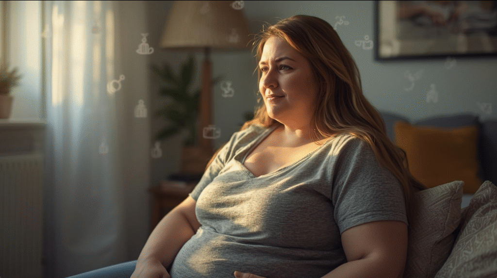 Postpartum woman with higher BMI in soft Scandinavian light, calm and empowered expression, sitting in a cozy home space. Visual mood: warm, respectful, evidence-based. Subtle abstract hormone icons in background. No fitness or weight-loss themes.